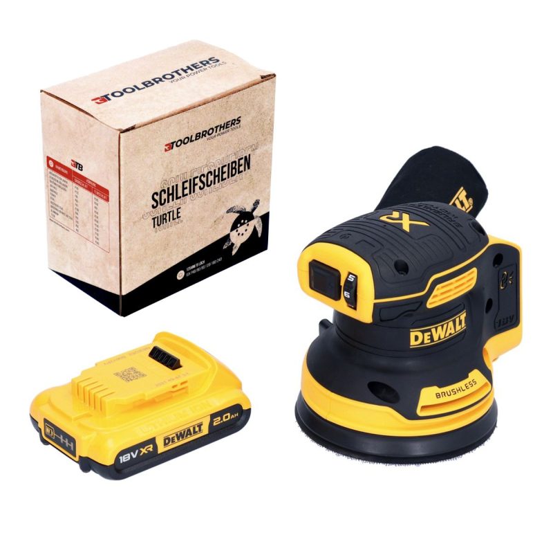 DeWalt DCW 210 N Akku Exzenterschleifer 18 V 125 mm Brushless + 1x Akku 2,0 Ah + 1x Toolbrothers TURTLE Schleifscheiben Set - ohne Ladegerät